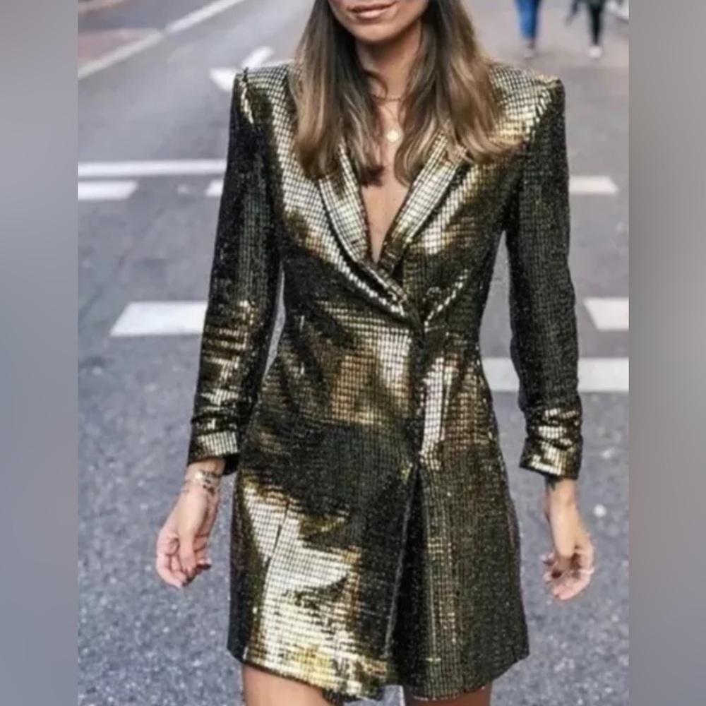 ZARA Gold Sequin Wrap Blazer Tuxedo Dress. Size L (fits US 6)